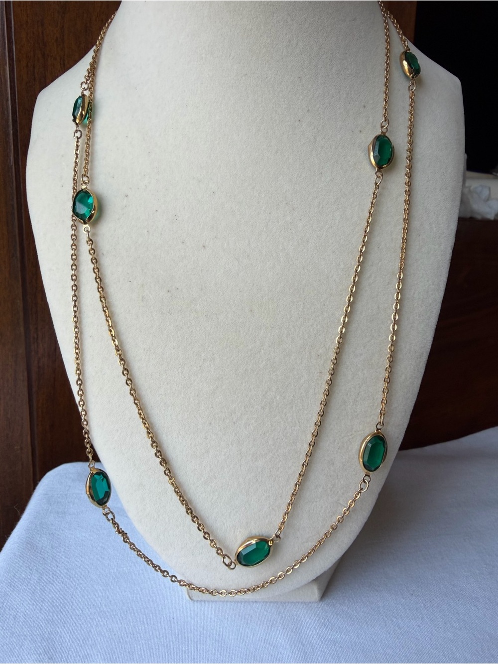 Long Gold Tone Station Necklace Emerald Green Glass Crystal Chain Necklace